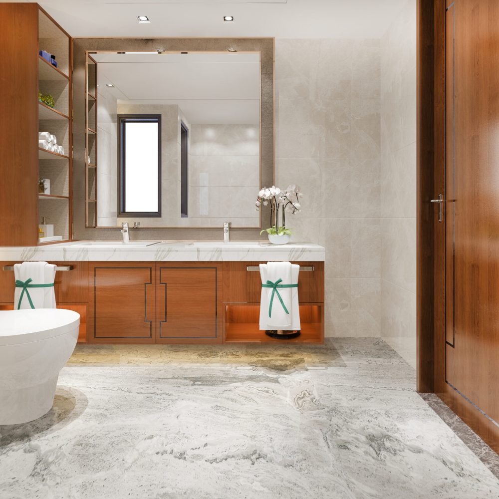 3d rendering modern design and marble tile toilet and bathroom with shelf