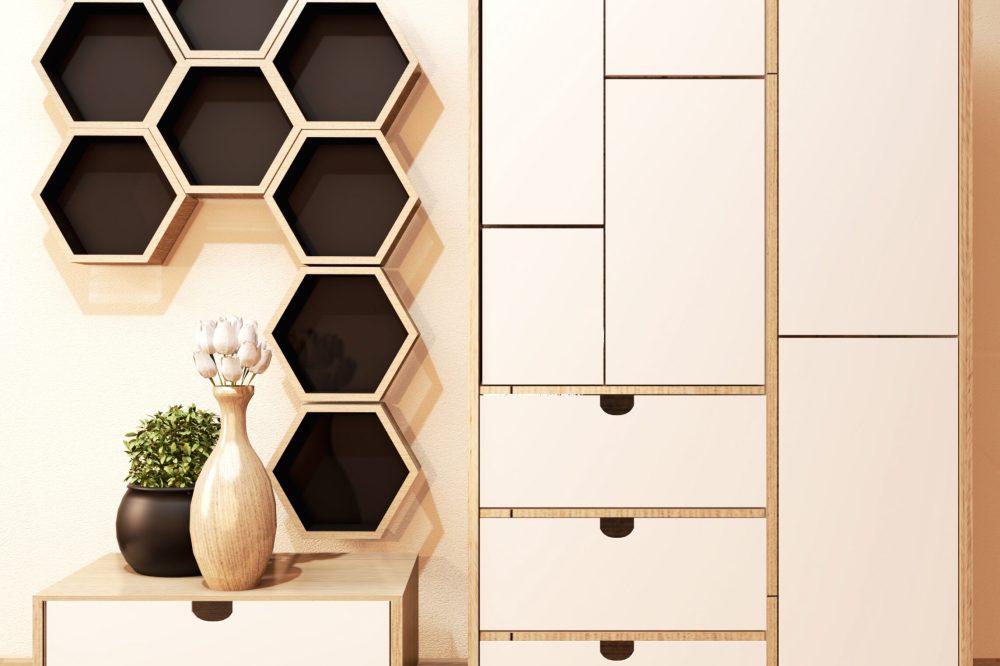 Cabinet wood design and Hexagon shelf on wall in room minimal mock up.3D rendering