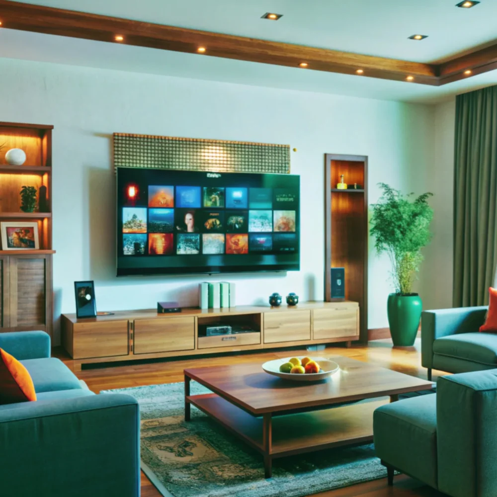 modern-living-room-with-teal-couches-tv-wood-accents